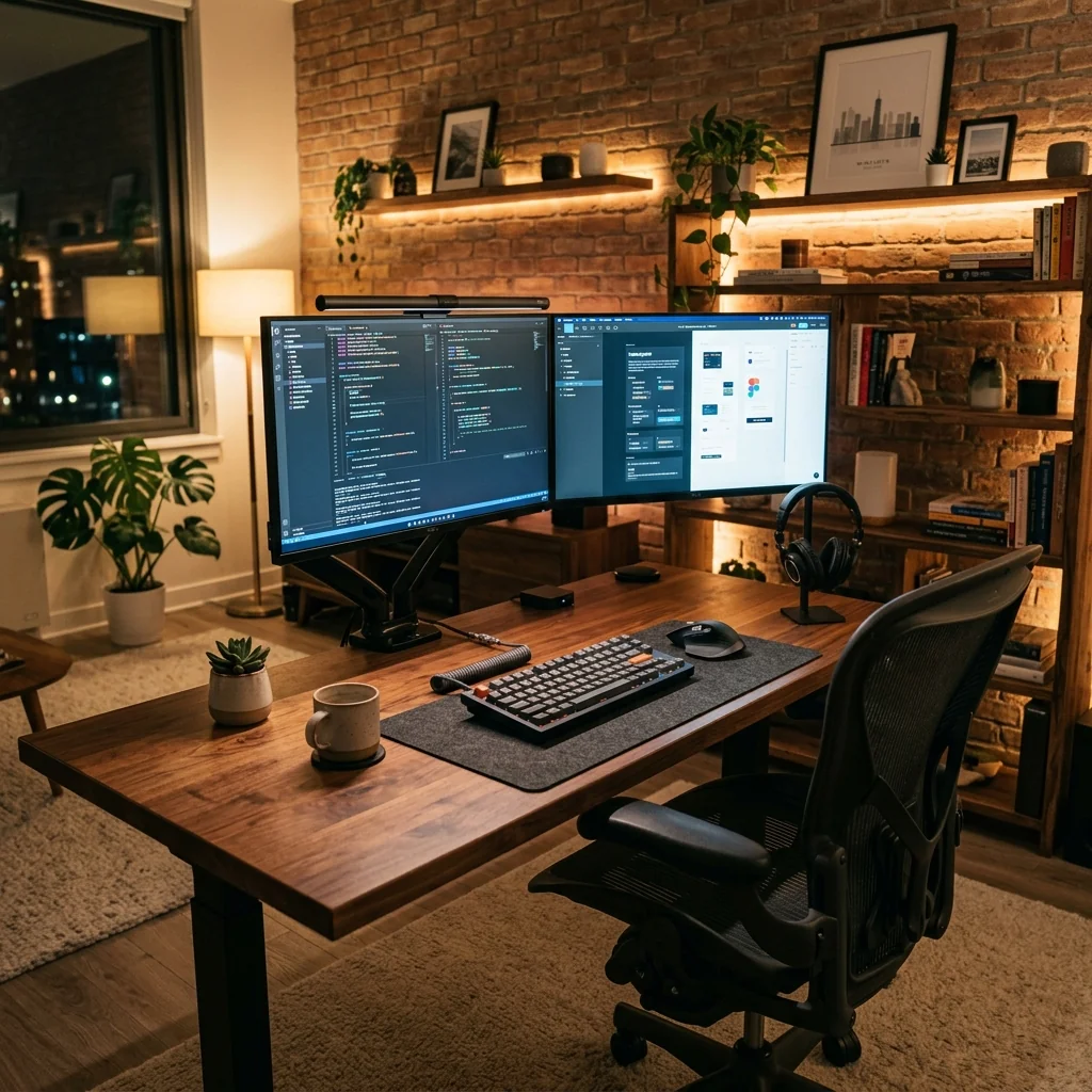 Ergonomic home office desk setup with dual monitors and ergonomic task chair