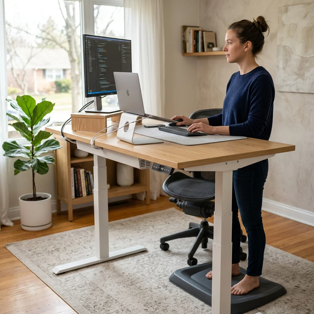 Electric height adjustable standing desk in modern home office